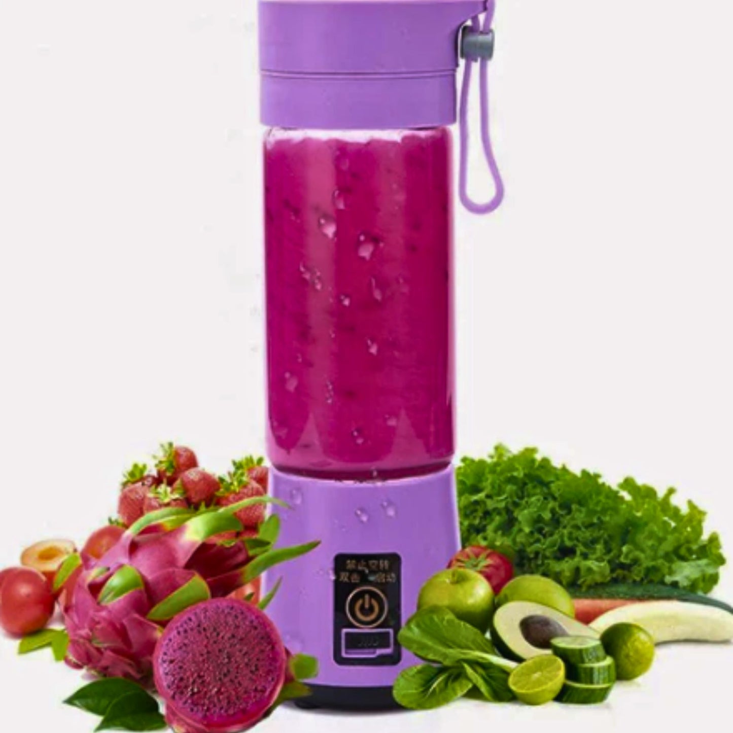 Portable Blender purple being used for vegetables