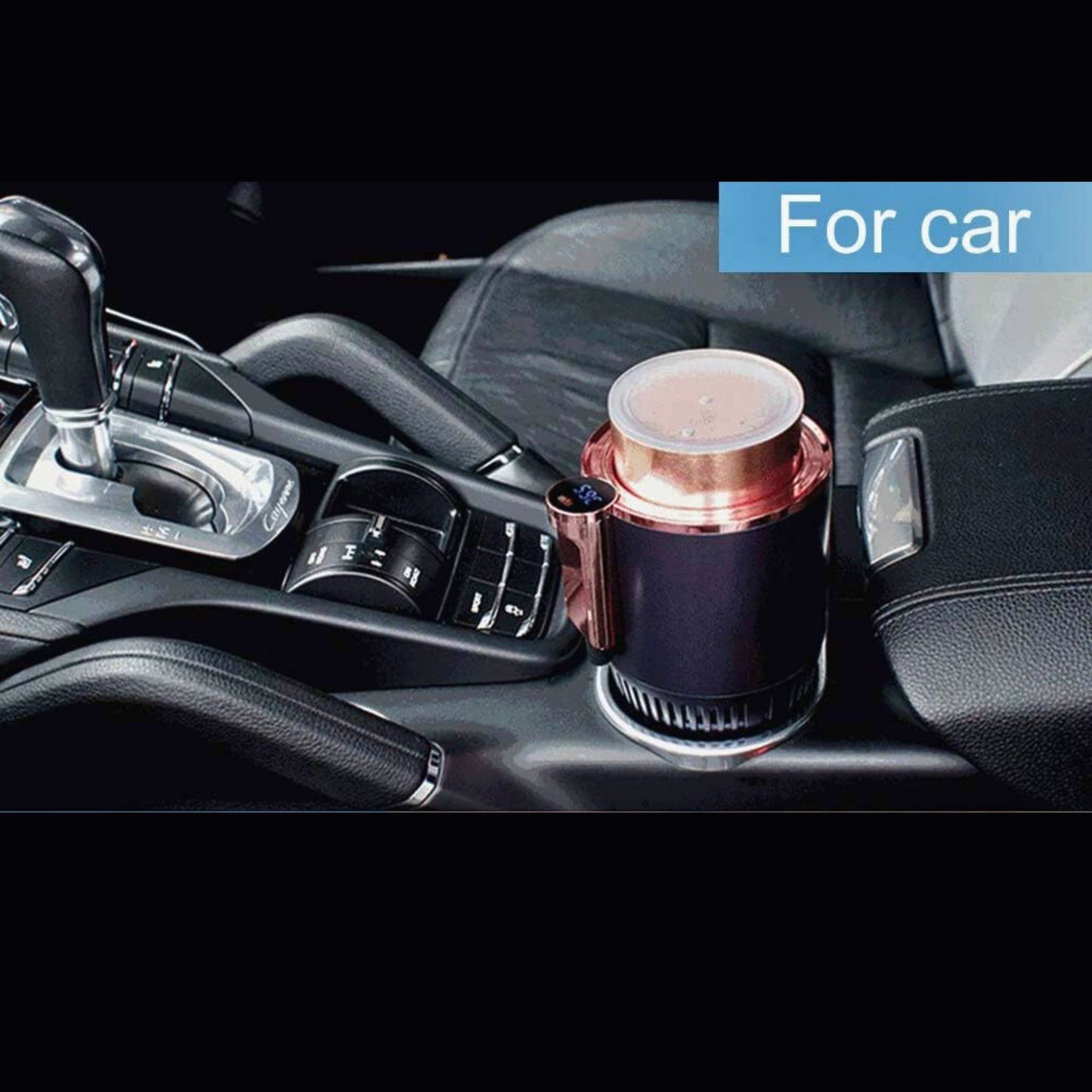 Portable cooler and drink heater being used in a car