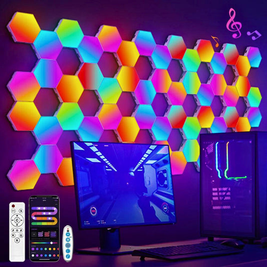 RGB smart hexagonal wall lamp on a gamer setup