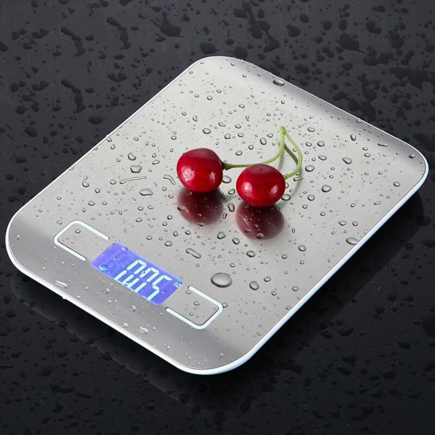 Rechargeable kitchen scale silver being used