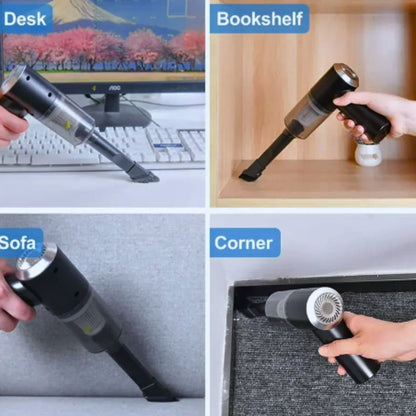 Vacuum cleaner being used on a desk, bookshelf, sofa and corners